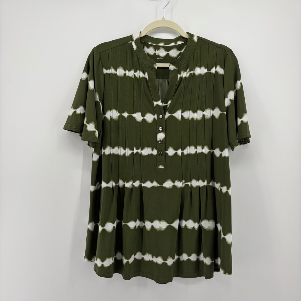 Kim Rogers Womens Large Olive Green Tie Dye Henley Pintuck Short Sleeve Blouse